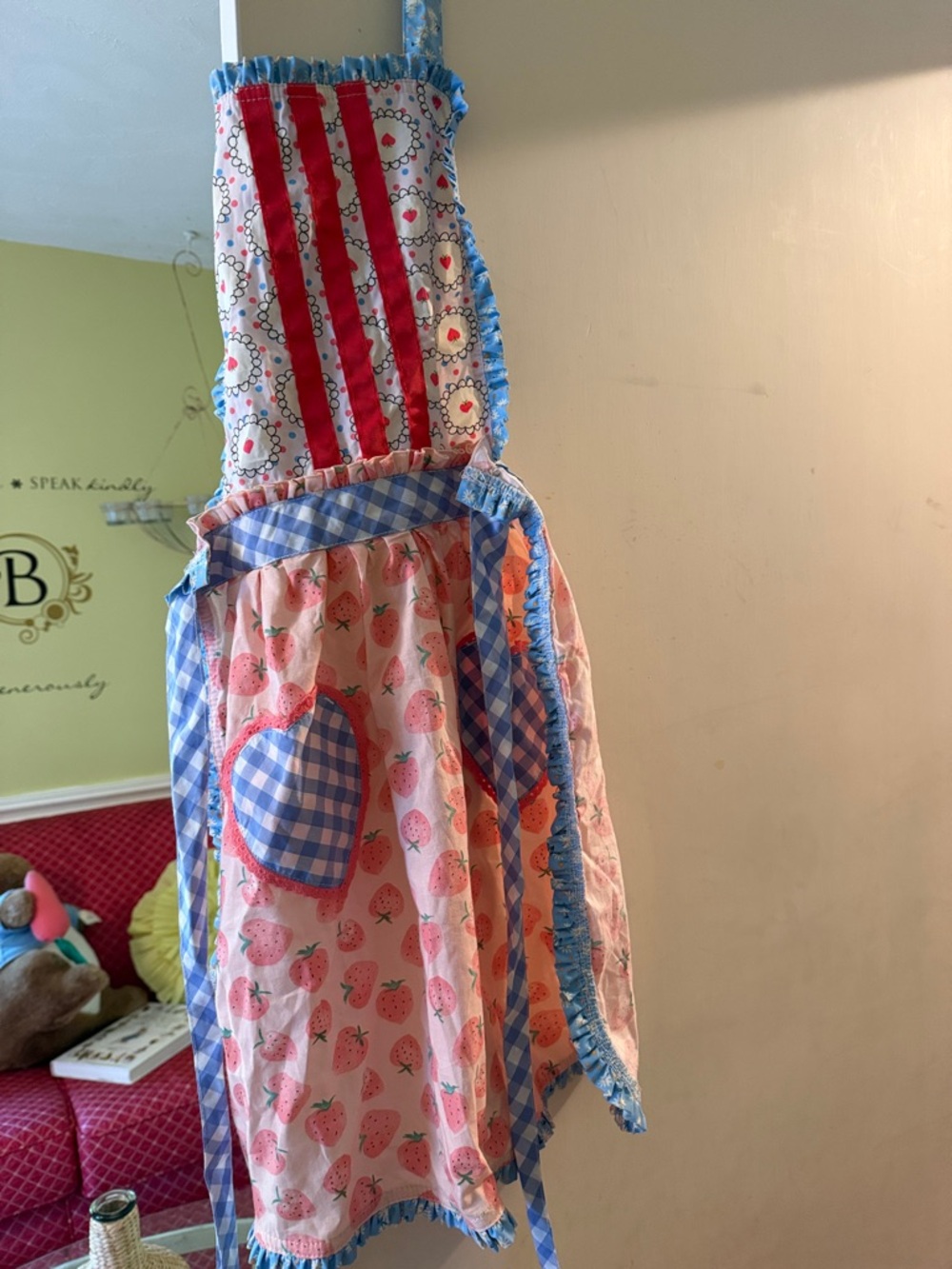 Matilda Jane Pink Strawberry Apron with Blue Gingham Heart